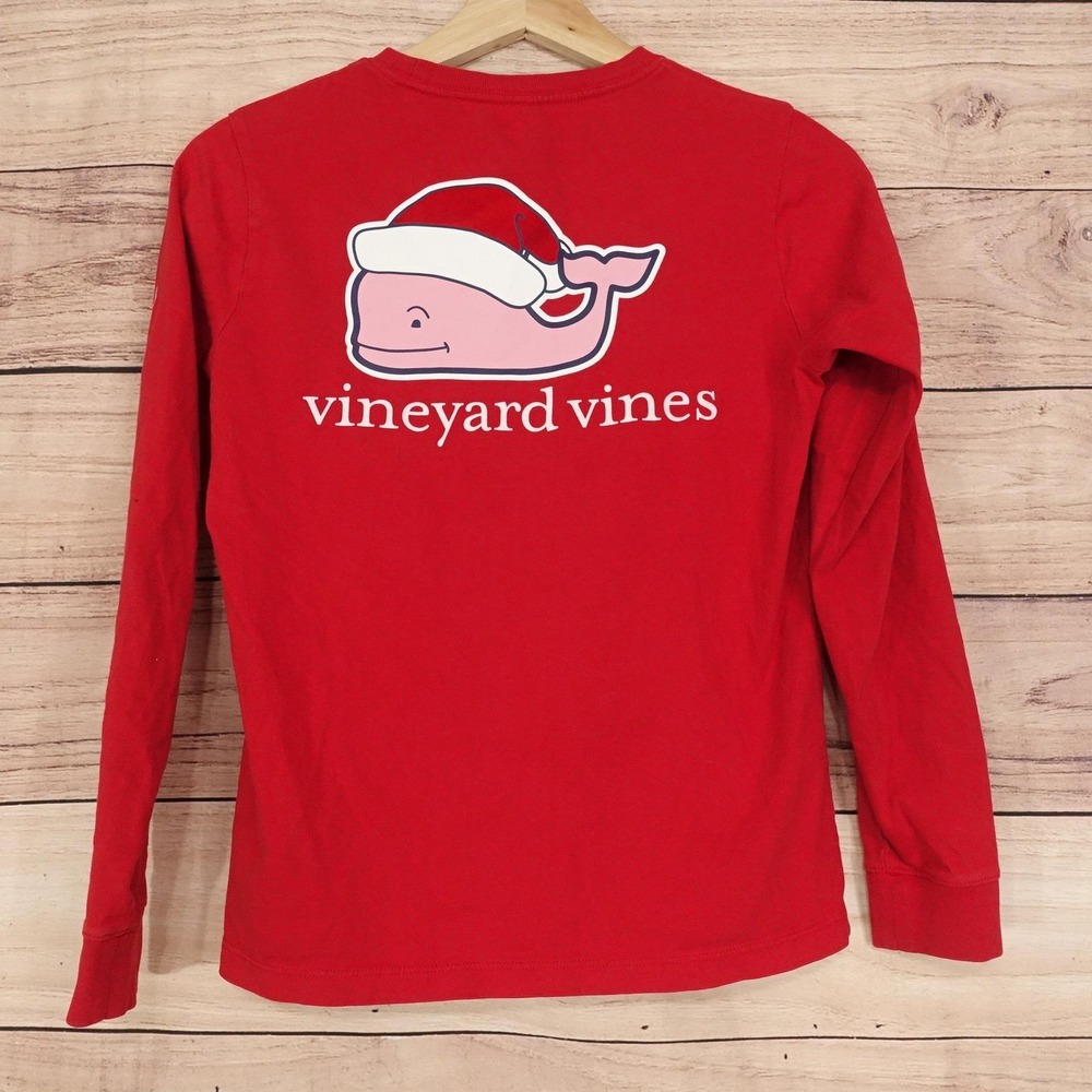 Vineyard Vines Shirt Youth M 12-14 Red Long Sleeve Santa Whale Pocket T-Shirt